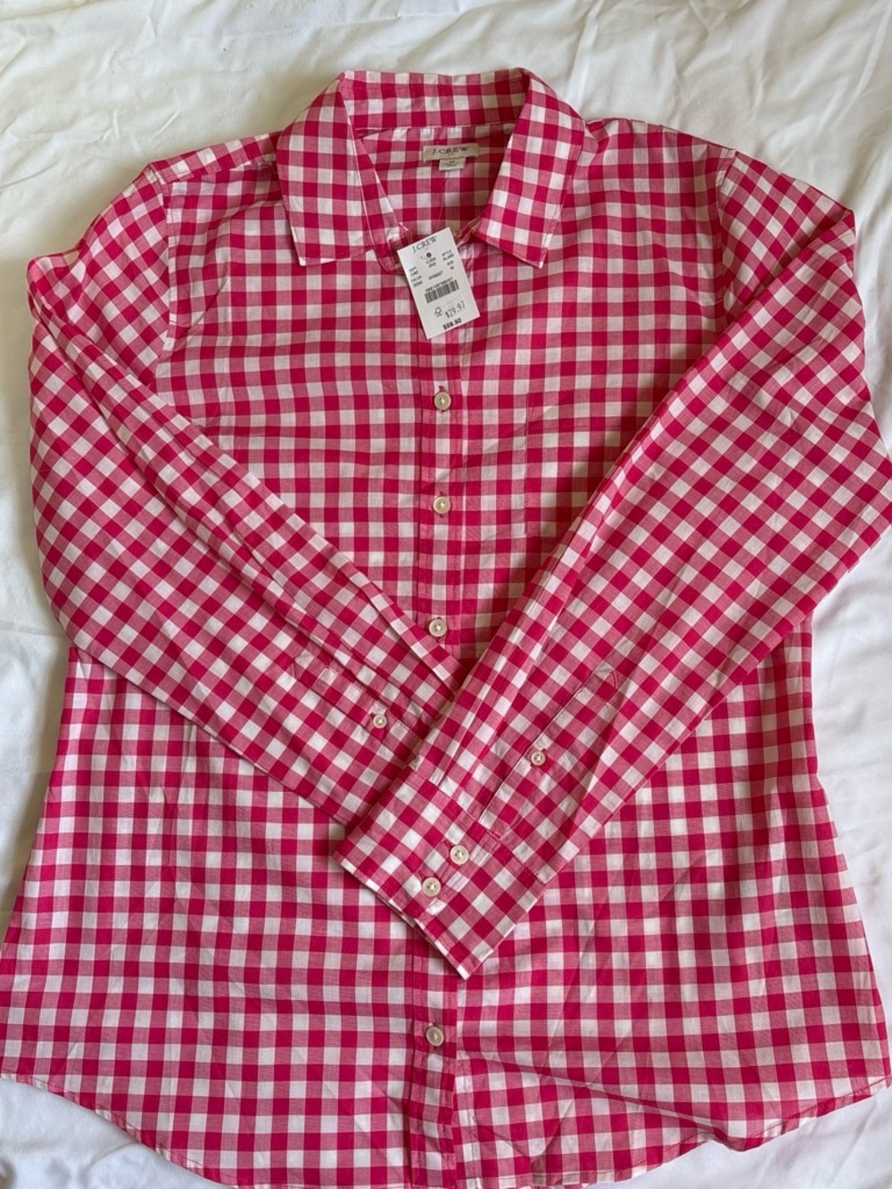 J. Crew Pink and White Gingham Button-Up Blouse